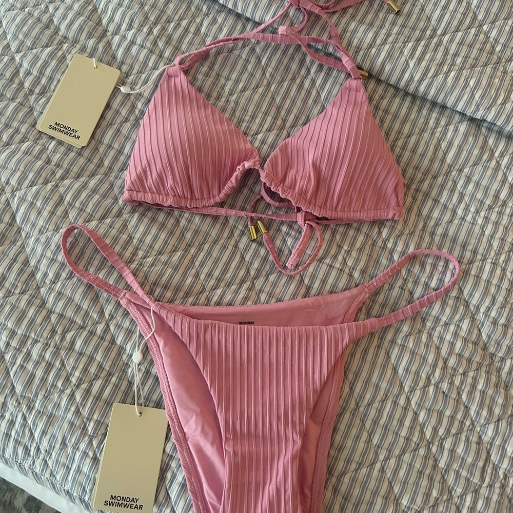 New Monday Swimwear Ribbed Pink Bikini TOP ONLY